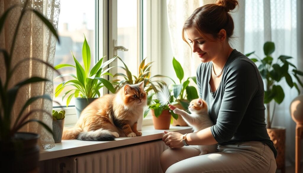 Kattenoppas aan huis in Ankeveen speelt met kat en kitten